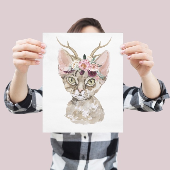 Watercolor Floral Devon Rex Cat Wall Art Illustration Print Poster Card Unframed - Picture 4 of 7